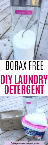 Pinterest image with text: jar of diy laundry detergent with spoon in it