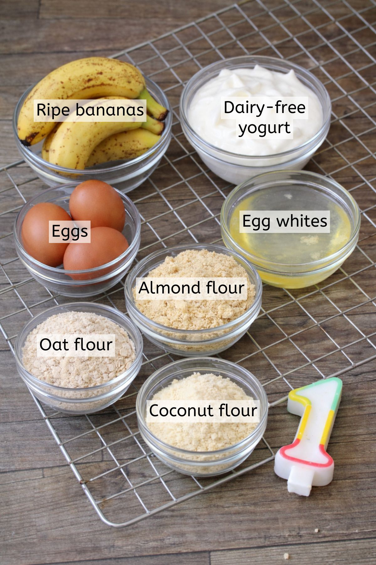 Multiple ingredients like flours, bananas, and eggs with text labels over top.