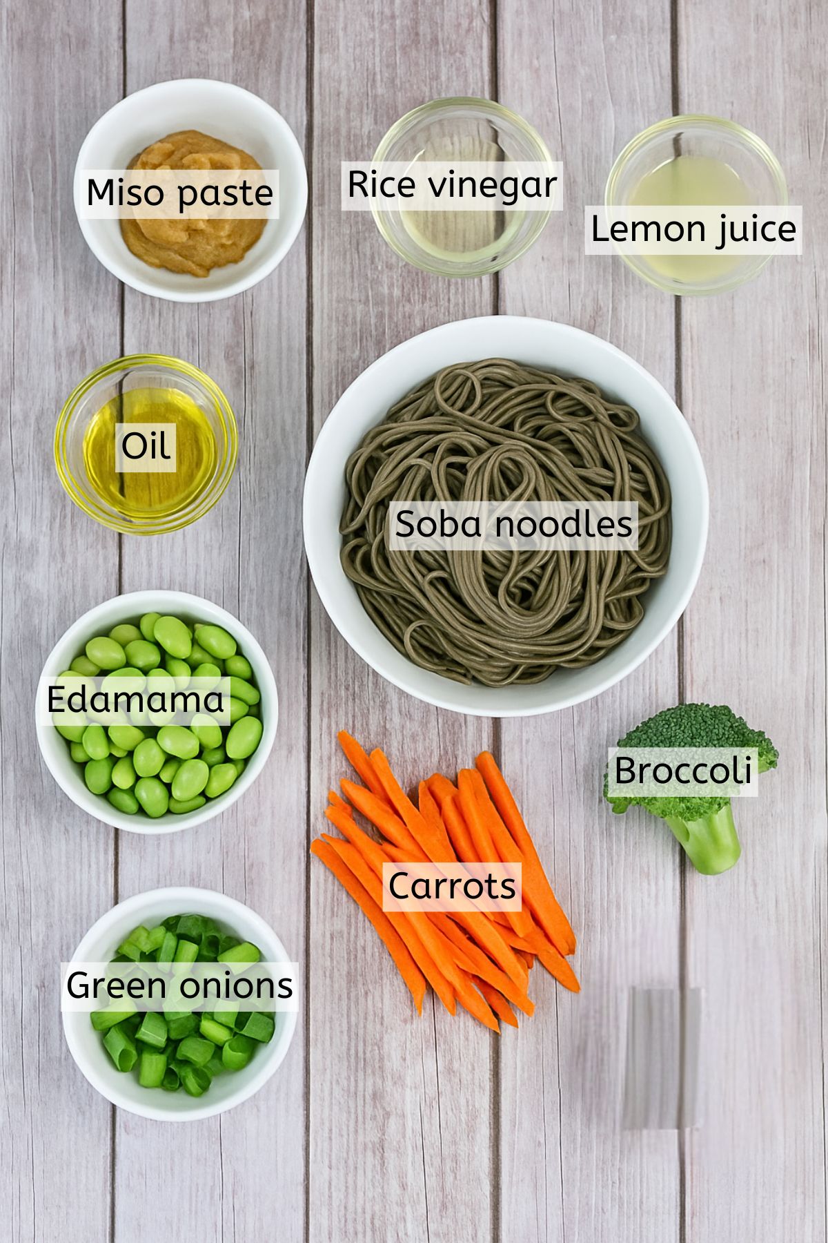 Multiple ingredients to make a noodle bowl like soba noodles and veggies in bowls with text labels over top.