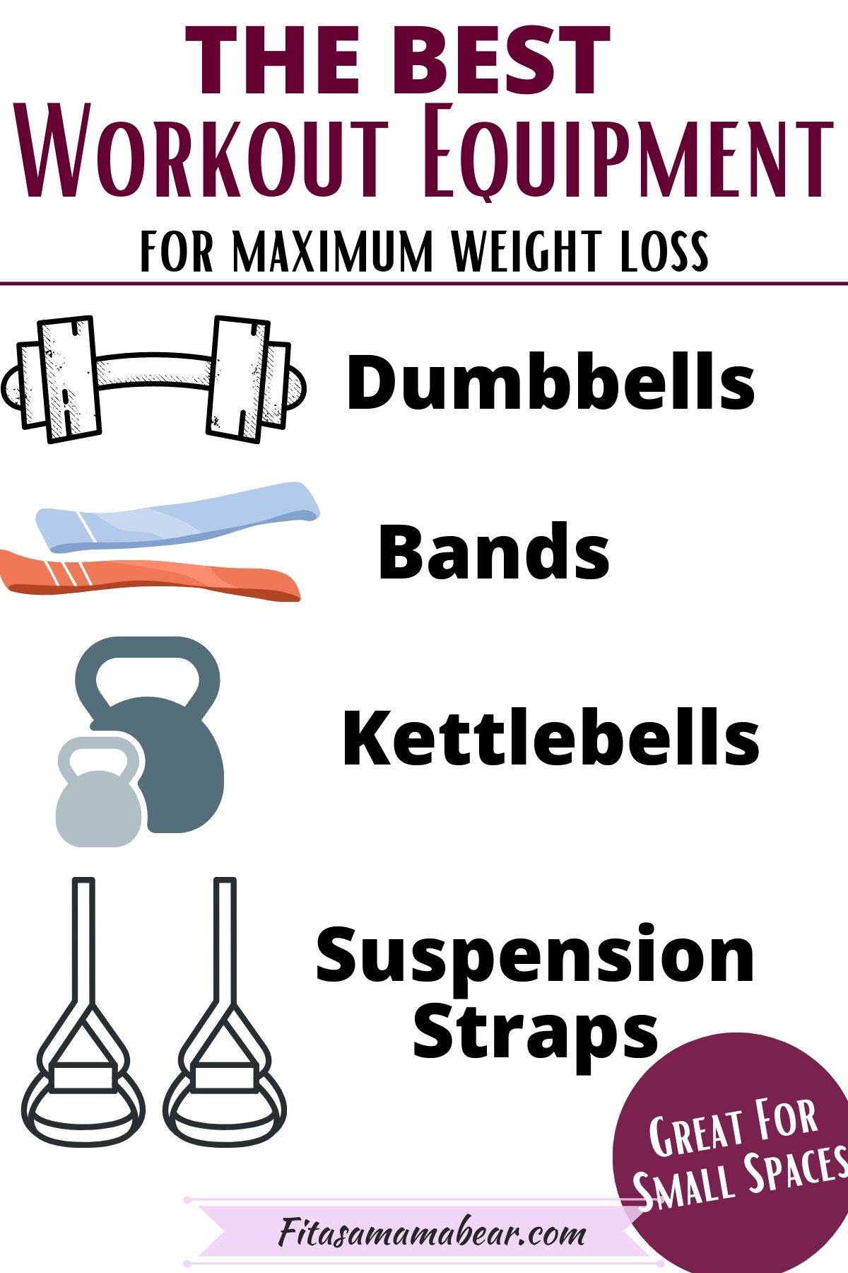 Pin image with text: multiple pieces of home workout gear like dumbbells, bands, and kettlebells with text about the best home gym equipment for weight loss