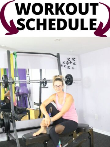 Pin image with text: woman in pink shirt and black pants sitting on a workout bench in a home gym with text about workout routines for busy moms