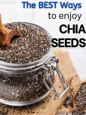 Jar of chia seeds on a wooden cutting board with chia seeds spilling over and text on the image.