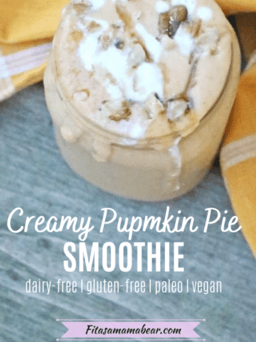 Pinterest image with text: healthy pumpkin pie smoothie without banana in a mason jar. Topped with pecanns and coconut whip cream with a yellow napkin behind it