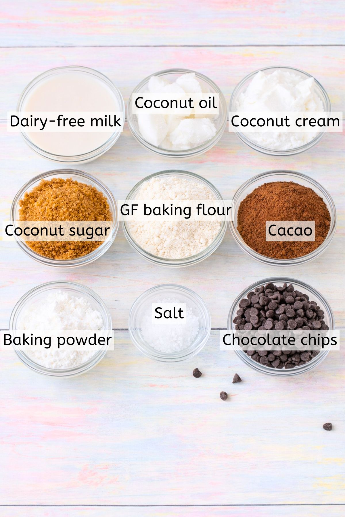 Ingredients like cacao powder, flour, sugar and more to make cupcakes with text labels over top.