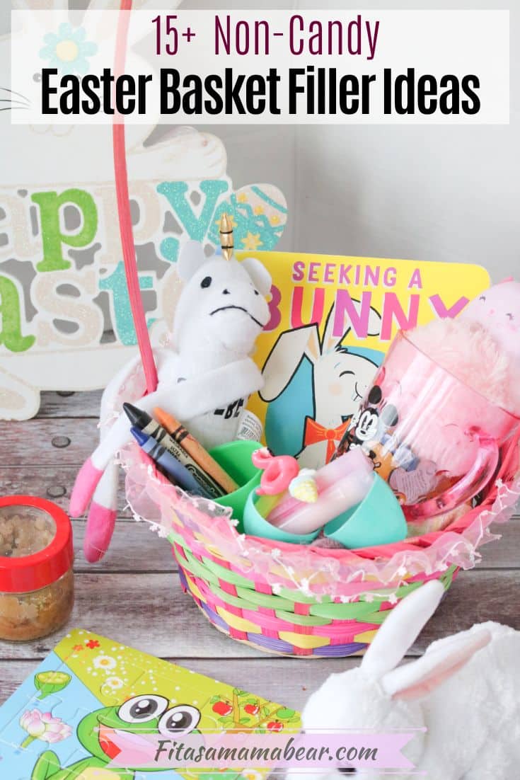 Pinterest image with text: easter basket filled with non-candy items