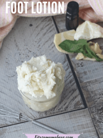 Pinterest image with text: diy foot lotion in a glass mason jar with ingredients behind it
