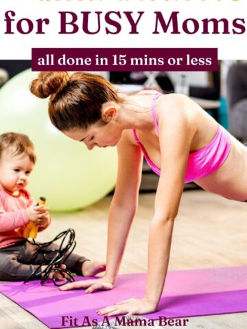 Mom in pink sports bra working out on a yoga mat with a toddler beside her and text above the image.