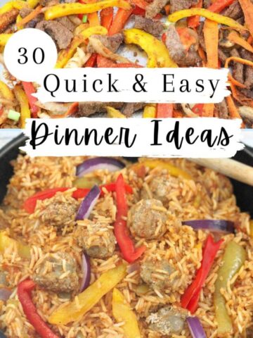 Collage of easy dinner recipes like fajitas and alfredo pasta