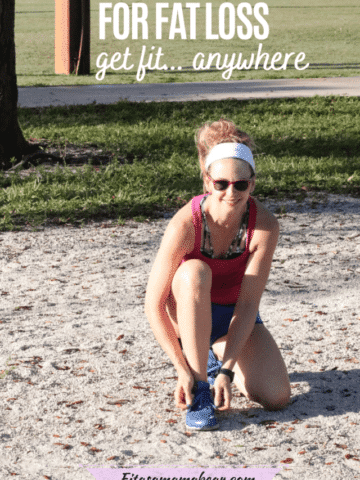 Pinterest image with text: woman in pink shirt and blue shorts with a white headback bending down to tie her shoe lace outside