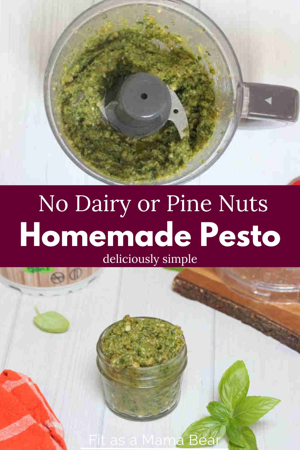 Two images of homemade pesto sauce without pine nuts with text between the images.