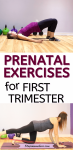 Pinterest image with text: two images of a woman in the first trimester performing pregnancy safe exercises