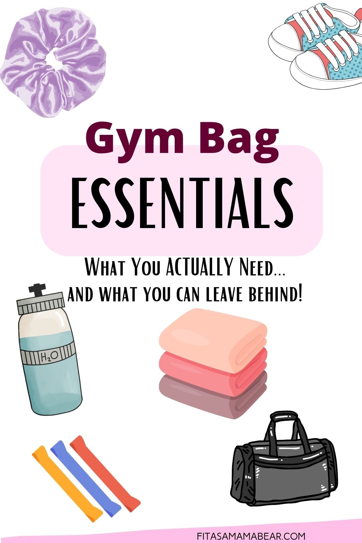 Multiple graphics of what to include in a gym bag with text between them.