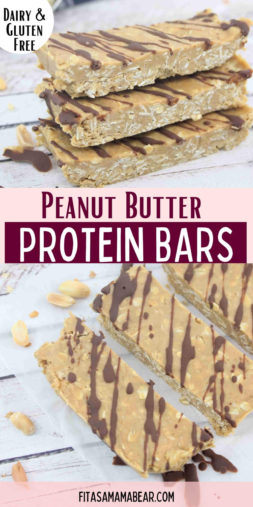 Two images of vanilla peanut butter protein bars drizzled with chocolate.