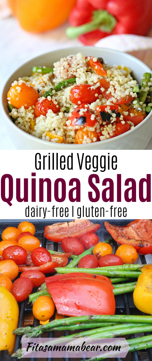 Pinterest image with text: veggie quinoa salad in a white bowl with peppers behind it