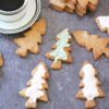Almond flour sugar cookies in Christmas tree shape dusted with cane sugar and iced in light pink and green around a cut of coffee.
