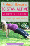 Pinterest image with text: pregnant woman in purple shirt and black pants performing an exercise outside