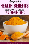 Pin image with text: cream bowl filled with turmeric powder with a wooden spoon and more powder as well as turmeric root around it