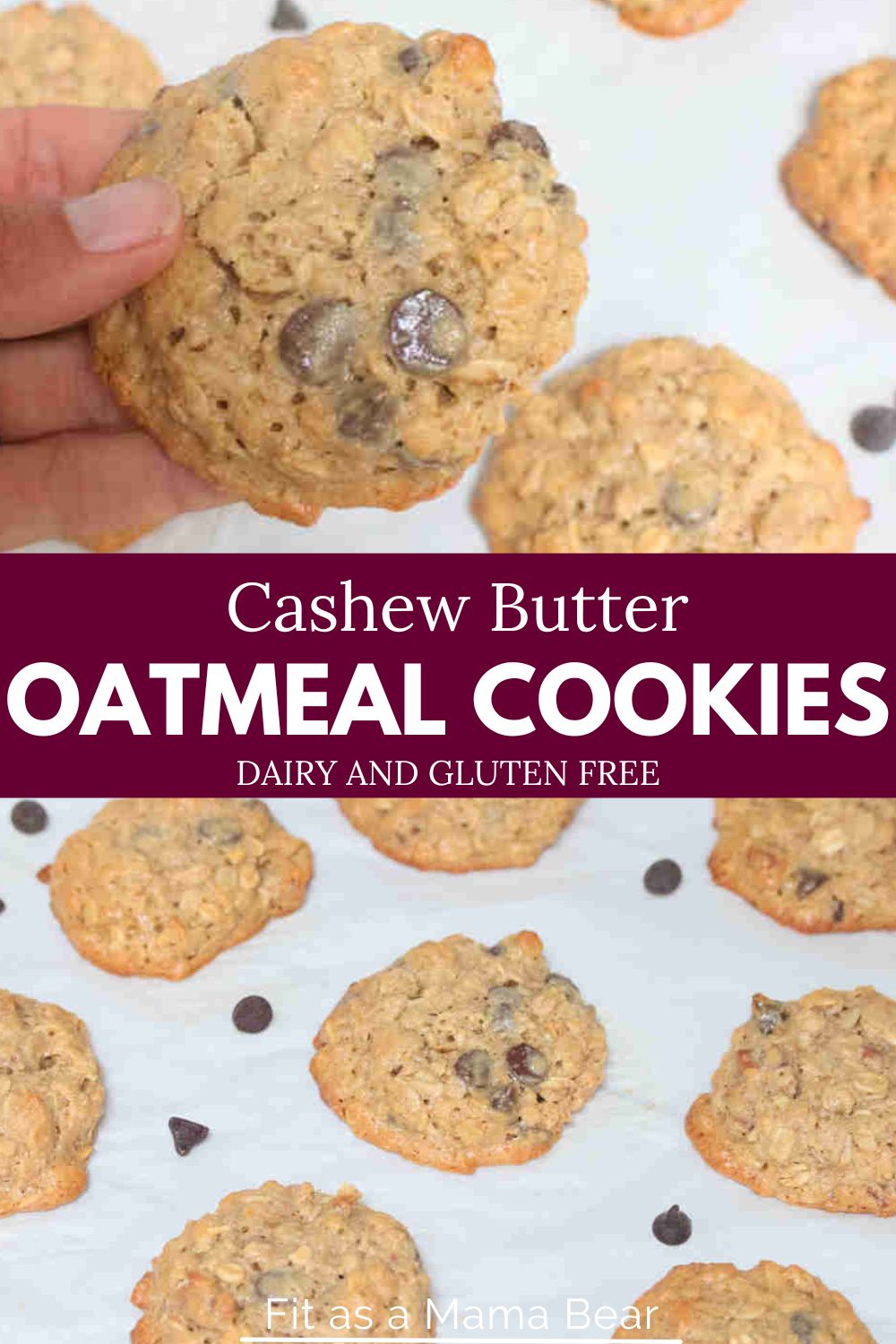 Two images of oatmeal cashew cookies with text between them the bottom of them all spread out.