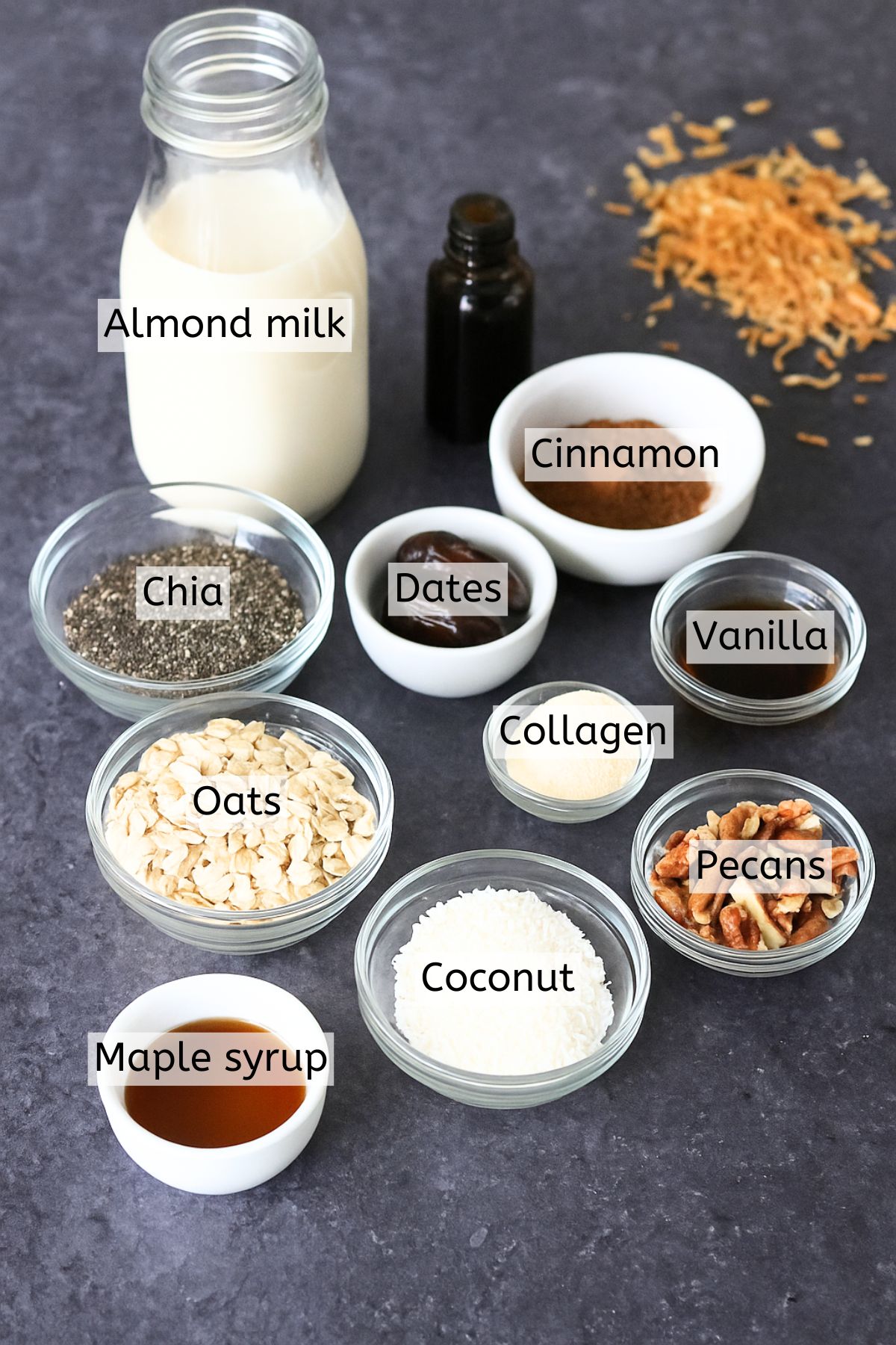Ingredients like oats, chia seeds, milk, maple syrup, and pecans in bowls with text labels over top.
