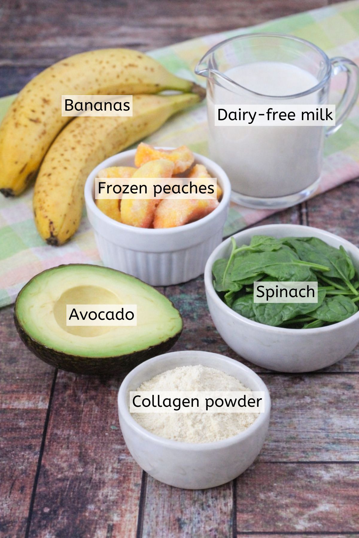 Bananas, peaches, spinach, and collagen powder with text labels over top.