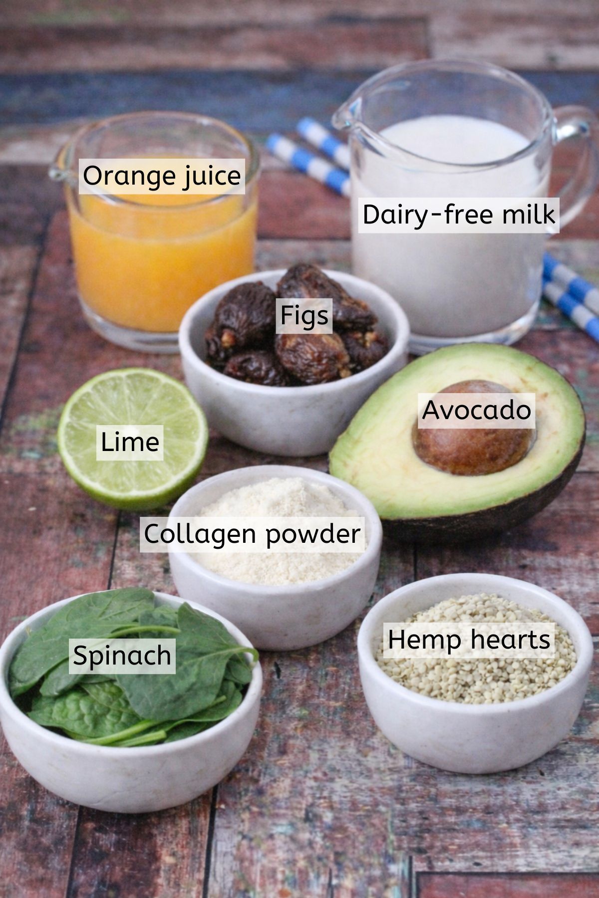 Avocado, figs, collagen, and more ingredients for a smoothie with text labels over top.