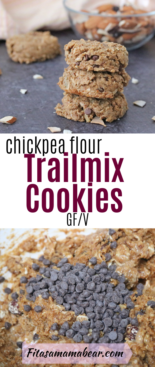 Pinterest image with text: three chickpea flour cookies stacked with a bowl of trail mix behind them. Second image of in process mix.