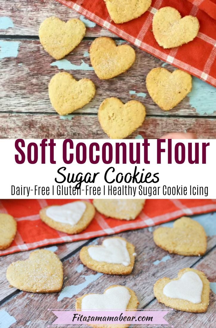 Two images of heart-shaped coconut flour cookies with text between them.