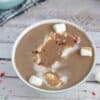 White cup with paleo hot chocolate, candy canes, and marshmallows in it.
