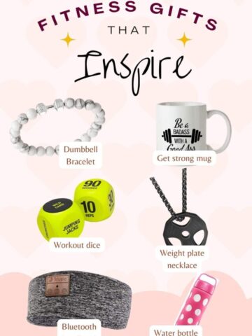 Multiple fitness gifts with text labels over top of them and text at the top of the image.