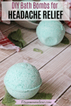 Pinterest image with text: green bath bombs in a bowl with mint and a red linen