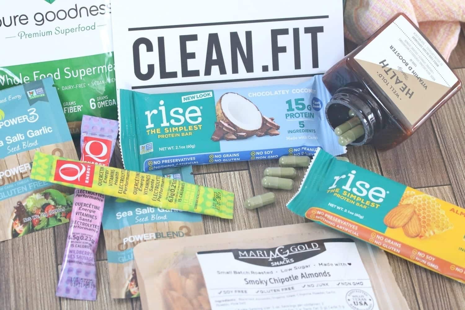 Healthy store bought snacks like bars and vitamin D