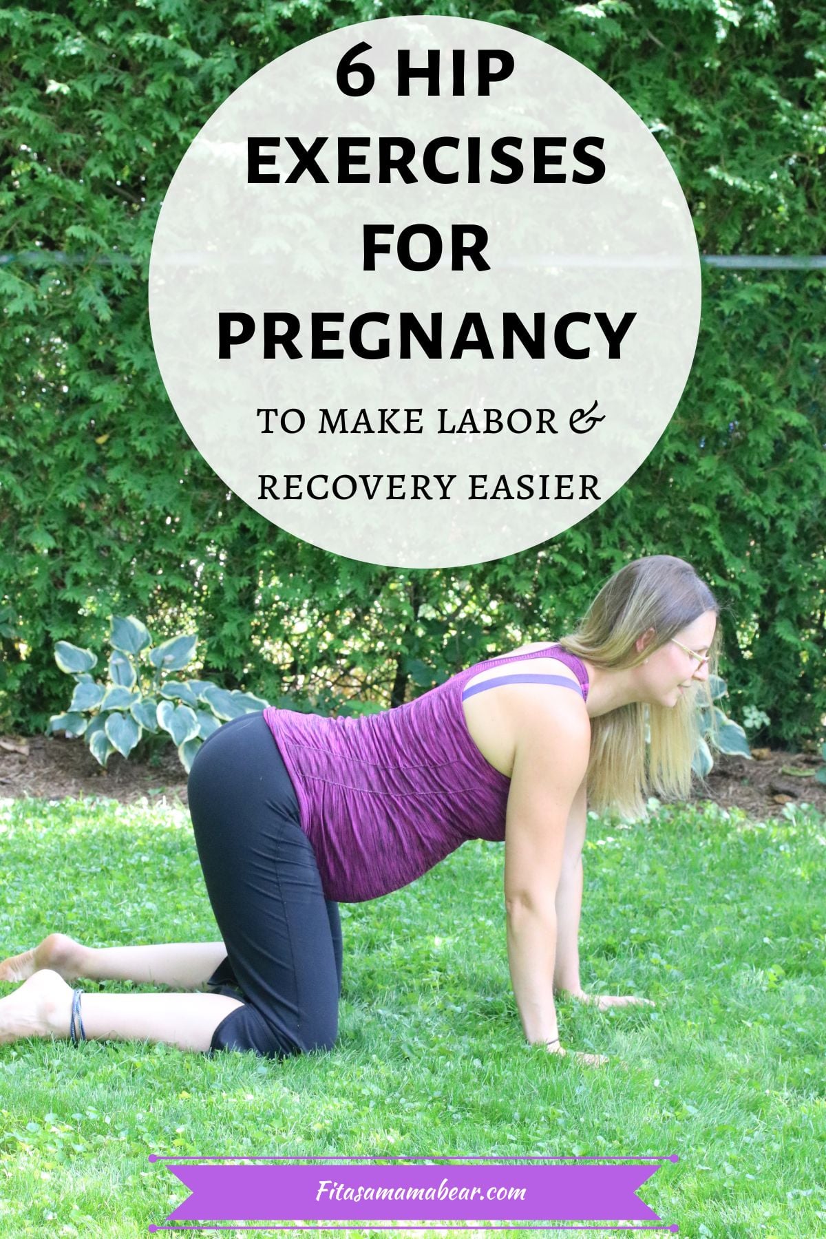 Woman outside on hands and knees performing a hip exercise with text on the image.