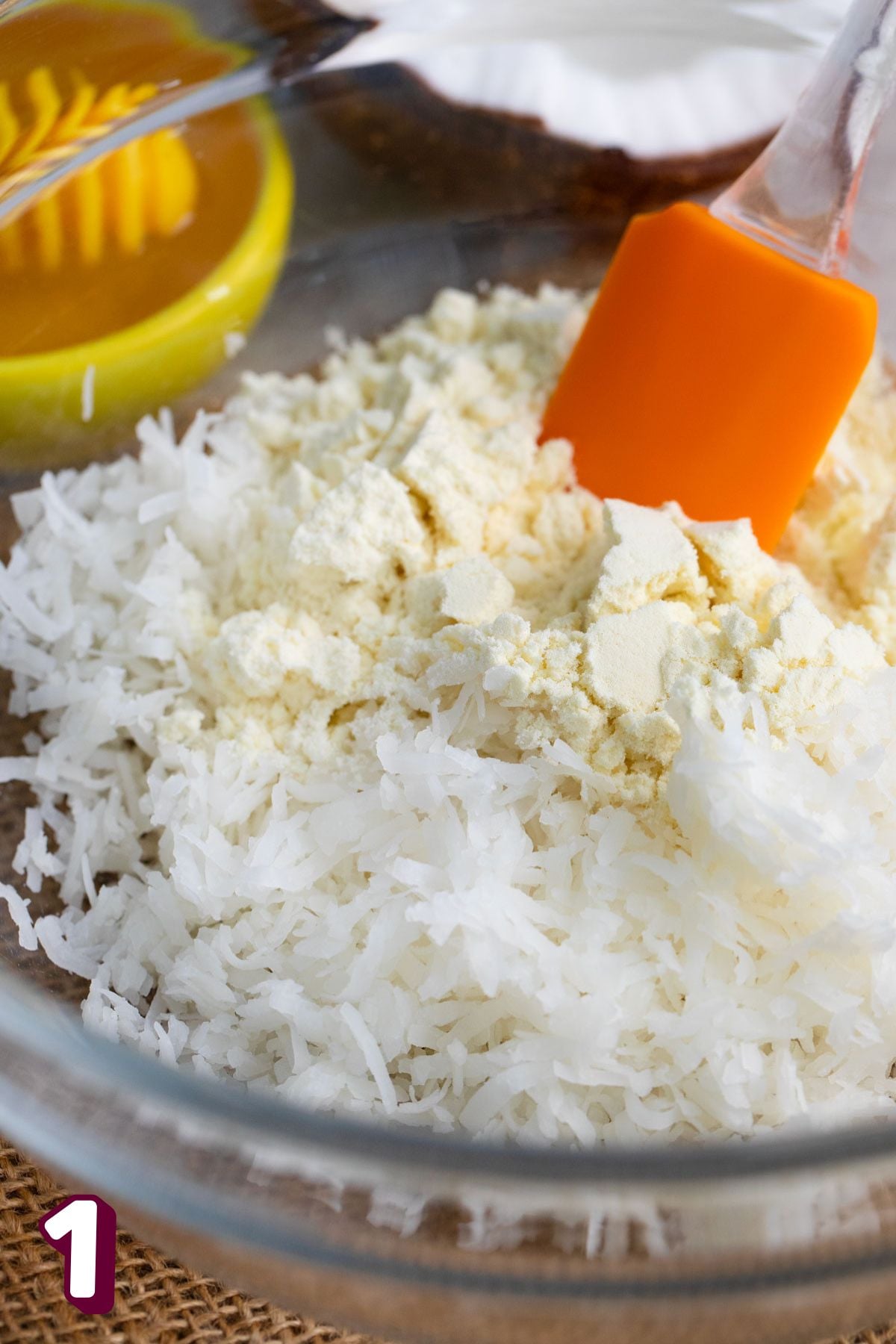 Bowl with vegan protein powder and shredded coconut