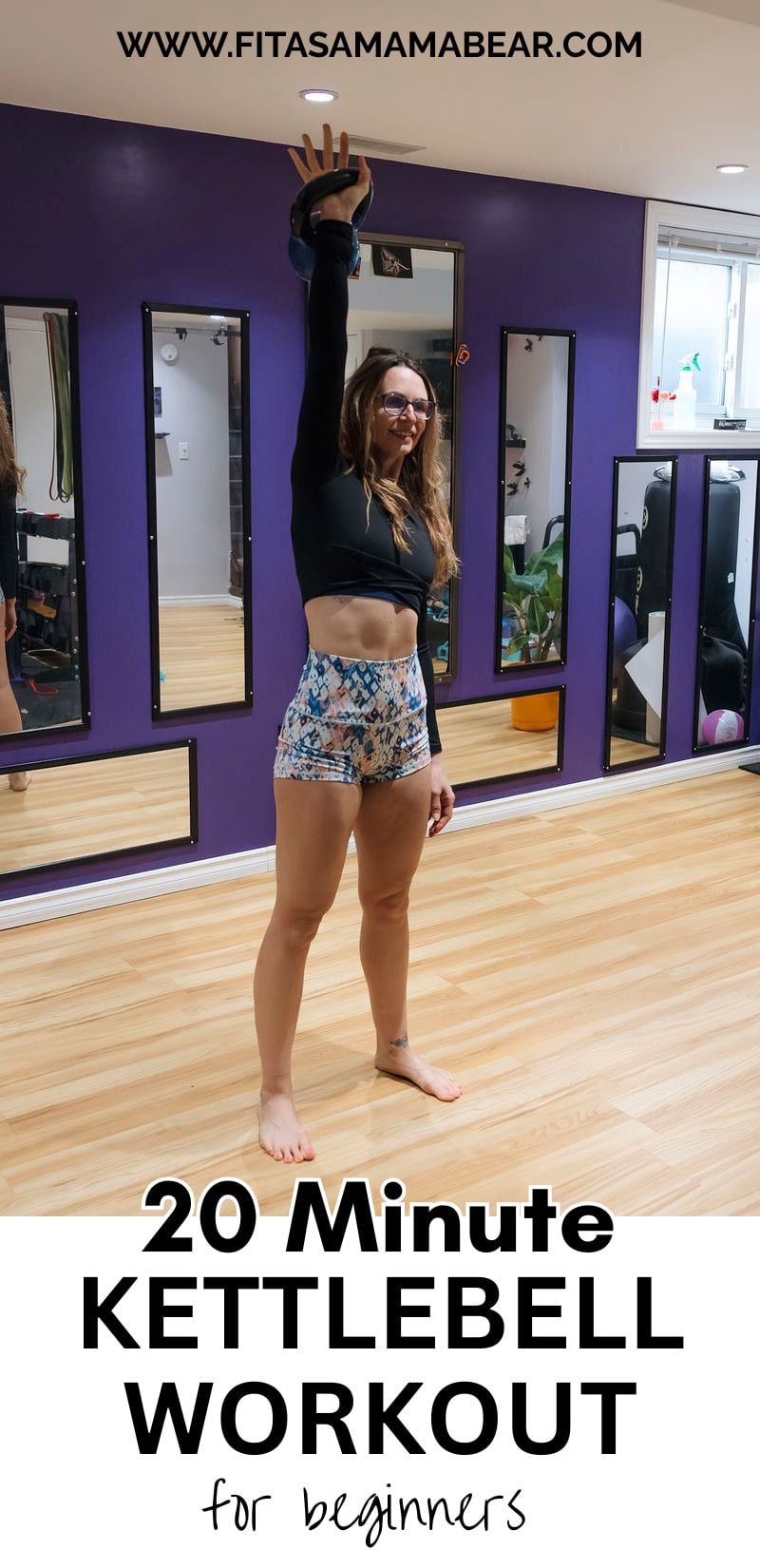 Woman pressing a kettlebell overhead with text on the image.