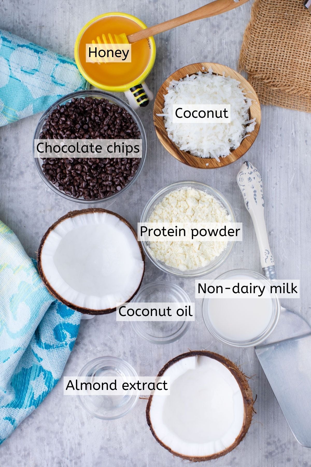 Multiple ingredients to make chocolate coconut protein balls in measuring cups with text labels over top.