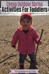 Facebook image with text: toddler in a pink jacket and red hat outside on a hike with a stick