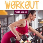 Woman in red sports bra performing a one dumbbell row while leaning on a dumbbell rack with text above the image.
