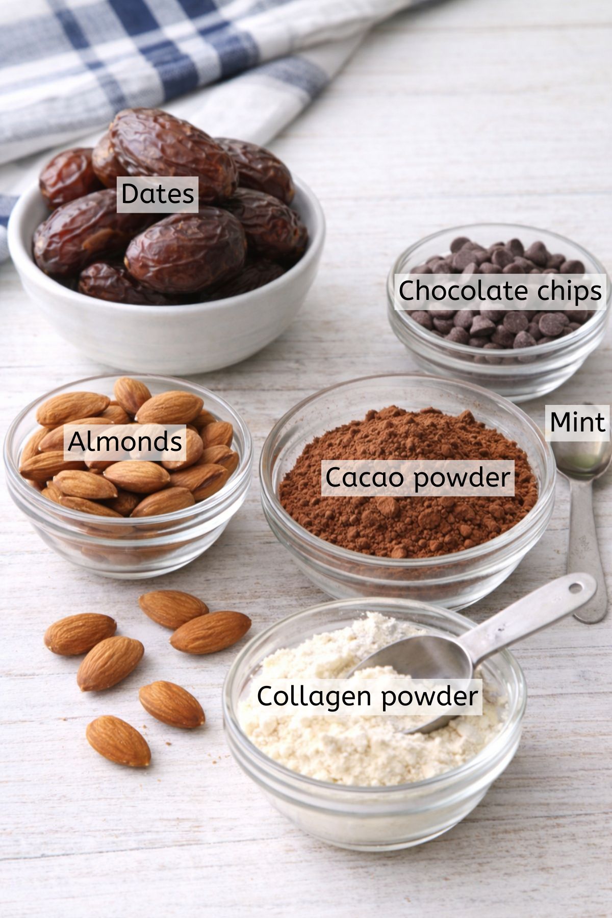 Almonds, cacao powder, collagen, and dates in bowls with text labels over top.