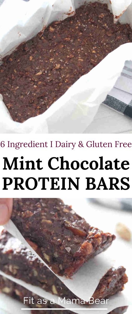 Two images with text between them the top of protein bars in a loaf pan and the bottom of them stacked.