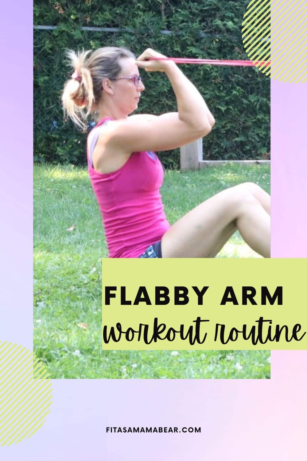 Pin image with text: woman in pink shirt and dark shorts doing a resistance band bicep curl with text about a workout for batwings