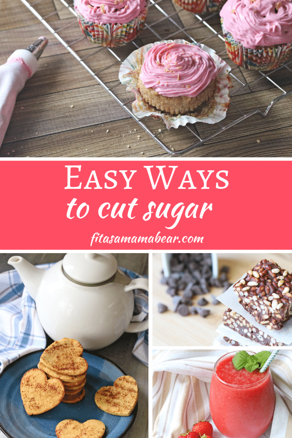 Pinterest image with text: three images of sugar-based food like cookies and cupcakes