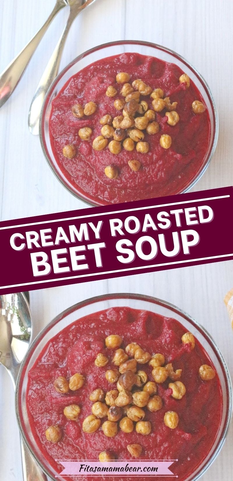 Two images of beet soup with text between them.