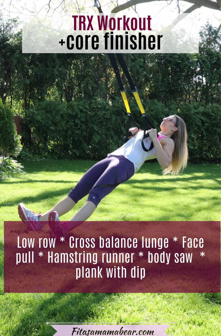 Woman in a white shirt and purple pants performing a full body exercise on trx suspension straps outside with text about a beginner TRX workout
