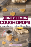 Pin image with text: two images of lemon cough drops in heart shape with ginger and lemon around them