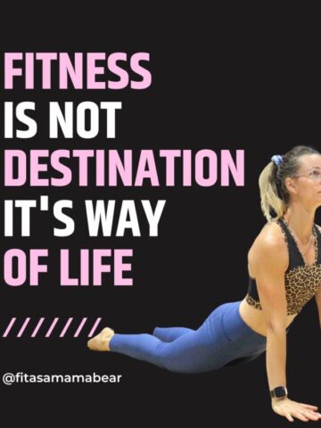 Woman in blue pants and leopard sports bra performing an upward facing dog with text about fitness