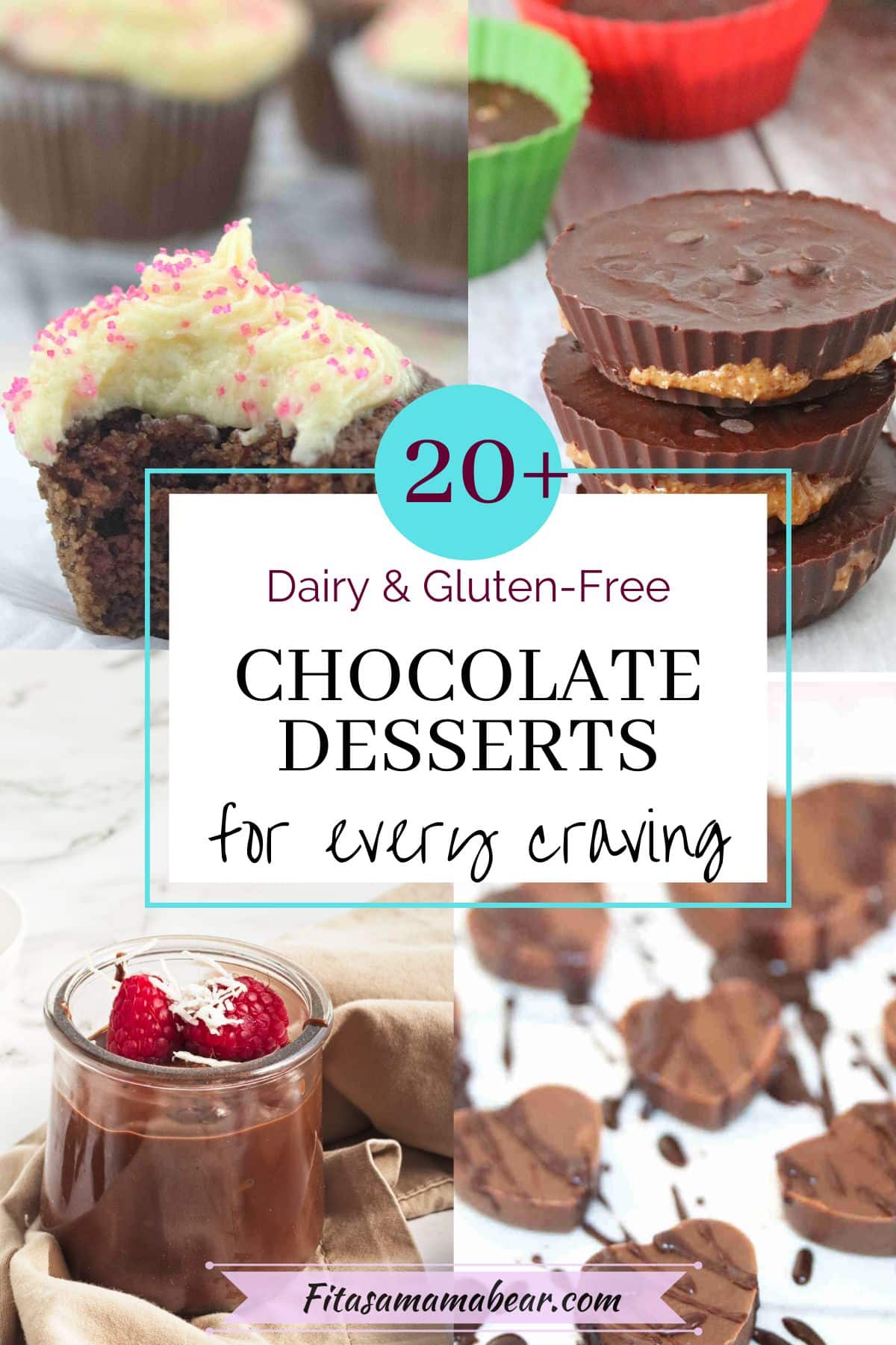 Four images of chocolate desserts like cupcakes, pudding, and fudge with text in the middle of the collage.