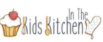 Logo on white with a cupcake and berry on top and text spelling out "kids in the kitchen" which whisks for the k letters