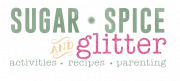 Transparent background with text in green, yellow and pink spelling out "sugar, spice, and glitter"