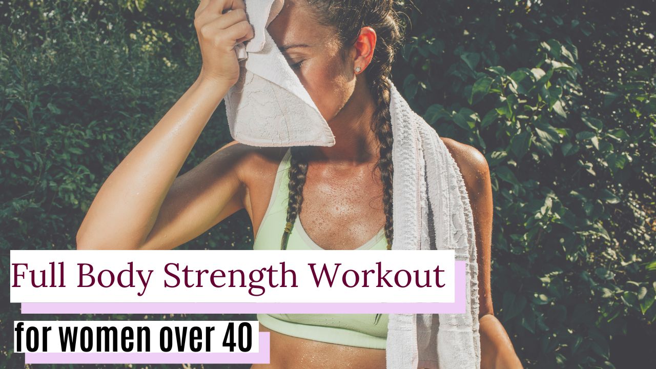 Woman wiping sweat off her face with a towel with text on the image.