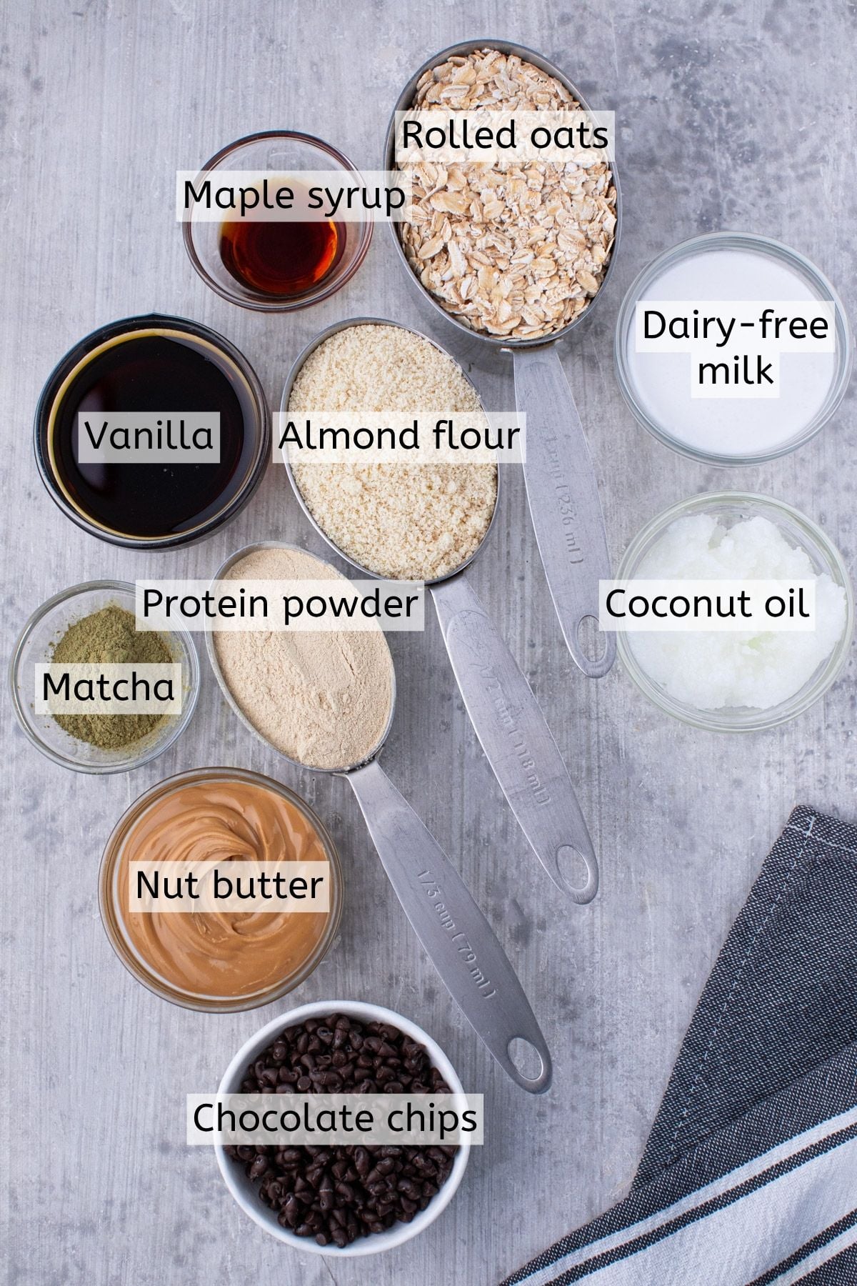 Matcha, collagen, almond flour, and maple syrup, all with text labels over top.